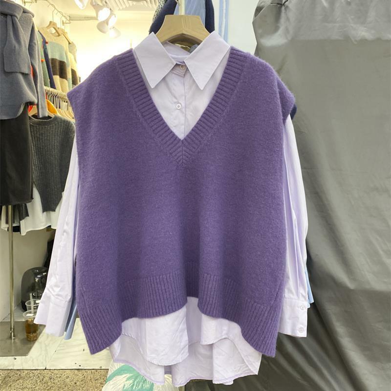 Set Pakaian Jalan Retro Wanita Kaus Kancing Sebaris Chic Musim Semi Musim Gugur Rompi Sweter Solid Gaya Preppy Pakaian Kuliah Wanita