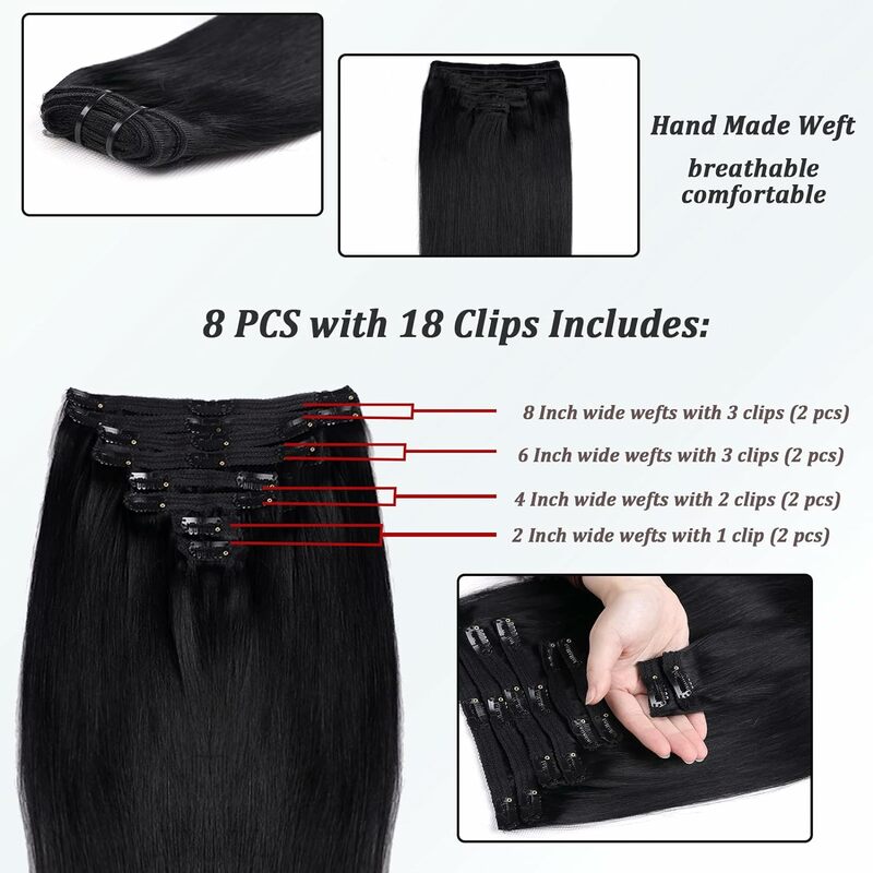 Clip per capelli lisci Remy brasiliani nelle estensioni dei capelli umani nero #1 colore 8 pz/set 18 Clip testa piena 120G per le donne