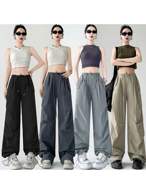 American Chic Drawstring Basic Solid Color Cargo Pants Women Summer Fashion Straight High Waist Casual Simple Female Sweatpants