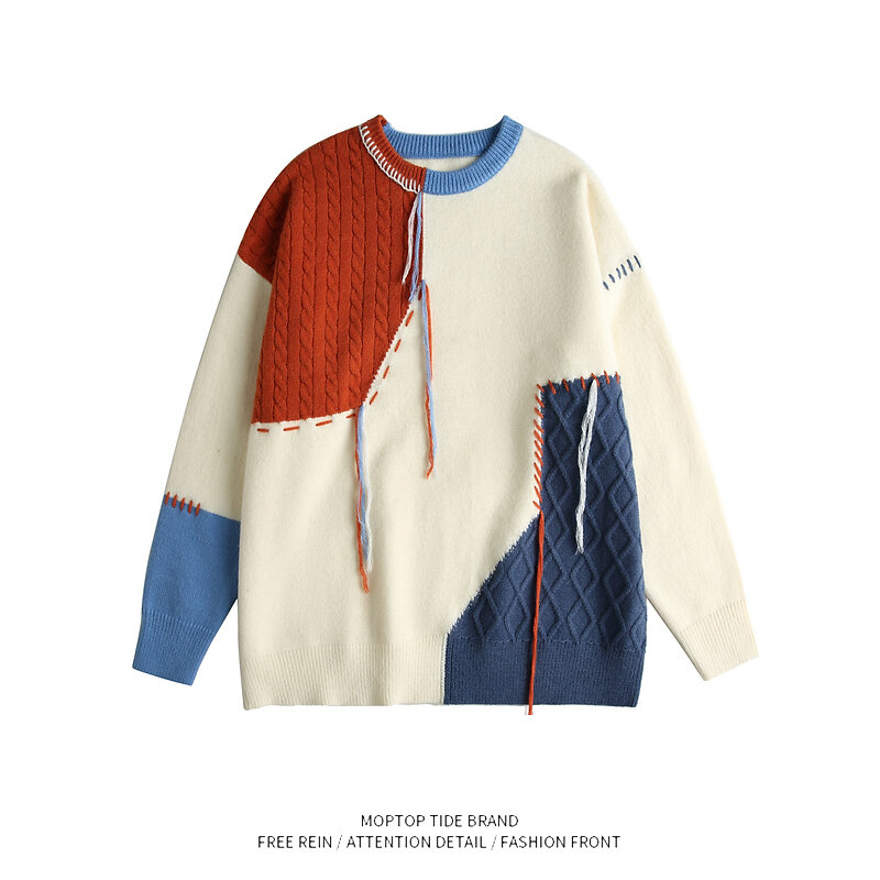 Jesienno-zimowe bluzki z blokowanymi kolorami szwy swetra dla kobiet i mężczyzn modne markowe swetry z długimi rękawami