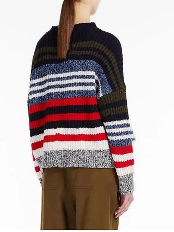Sweter damski kontrastowy, w paski swobodny, wszechstronny, jesienny dziergany sweter z okrągłym dekoltem z długim rękawem