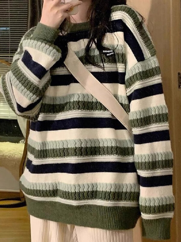 Мужской вязаный пуловер в полоску, Свободный пуловер оверсайз, Женский плотный джемпер, теплая ленивая трикотажная одежда в Корейском стиле для женщин