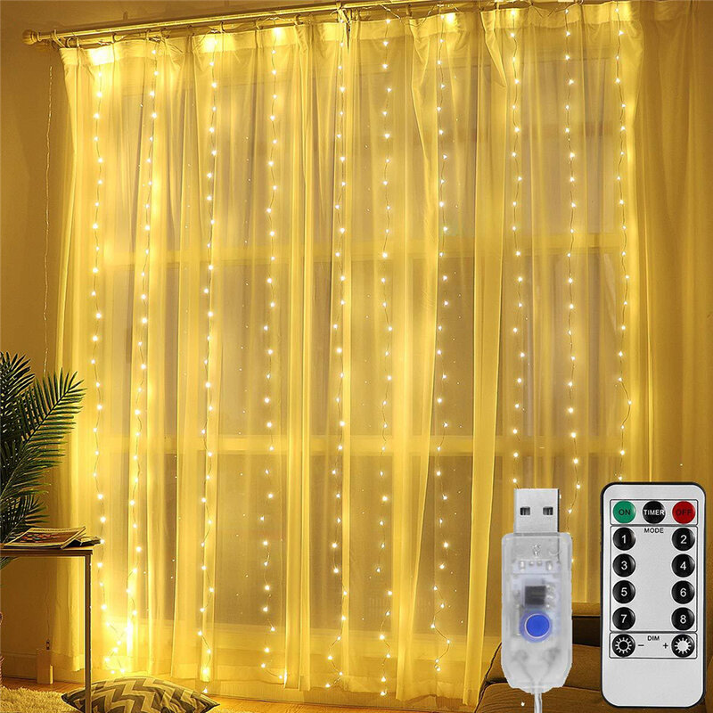 LED Fairy Garland String Lights para decoração de casa, fio de cobre, USB, remoto, cortina, festa de casamento, ano novo, natal, 3x3m, 3x2m