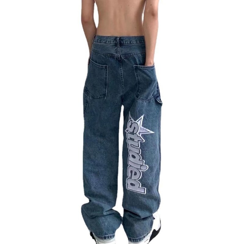 Wiosna i jesień Modne dla mężczyzn Hip Hop Luźne jeansy z prostymi nogawkami American Retro Szeroka nogawka Spersonalizowane spodnie codzienne y2k jeans