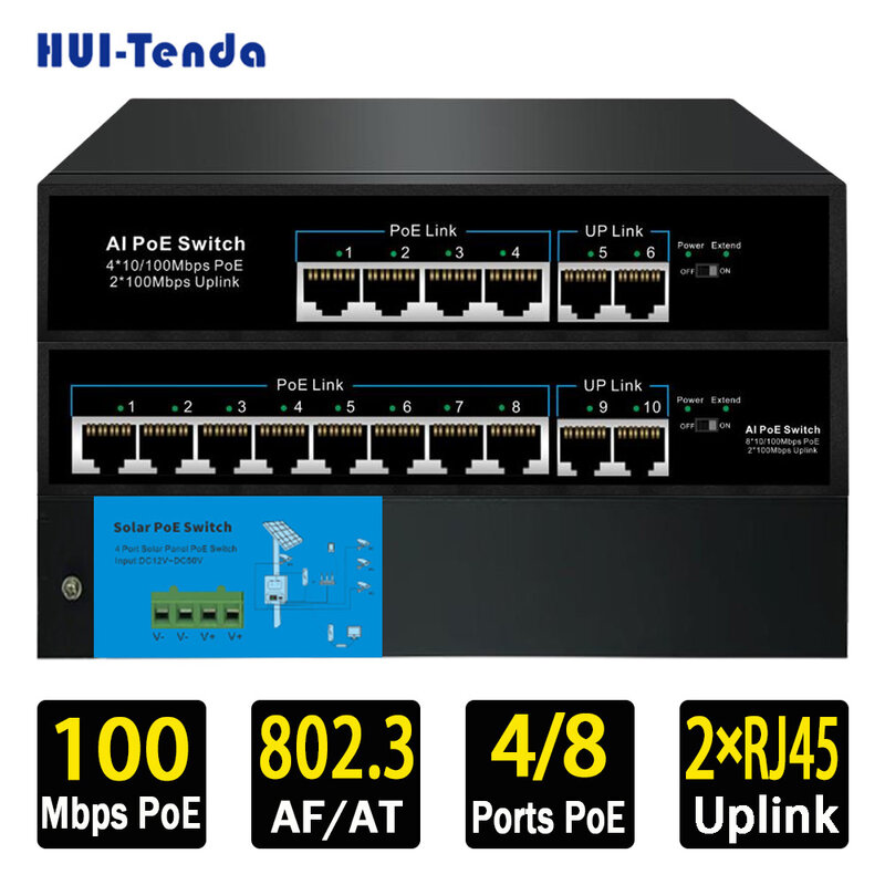 لوحة طاقة شمسية HUI-Tenda-AI POE ، شبكة تعمل بالطاقة ، إيثرنت ، IEEE802.3 ، AF ، AT ، VLAN ، مفتاح RJ45 لكاميرا IP ، NVR ، 4x10 Mbps ، Mbps