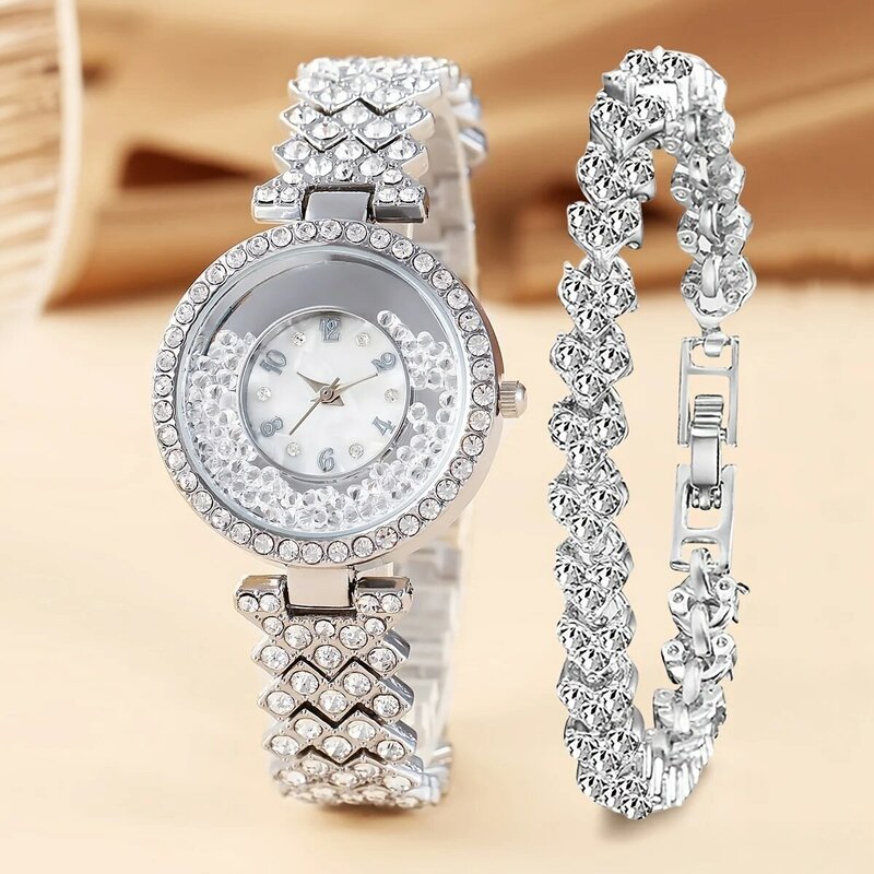 2pcs/set 1pc Ladies Fashion Rhinestone Roman Steel Strap Quartz Watch 1pc Heart Rhinestone Bracelet Set