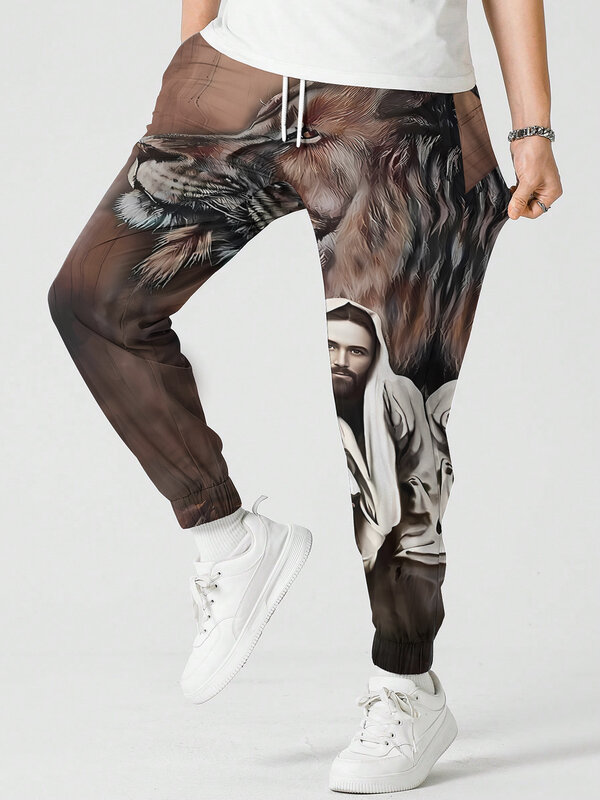 Calça Harajuku casual masculina, calça solta, calça estampada em 3D, faixa hip-hop, corredor social, Deus Jesus, leão havaiano, vintage