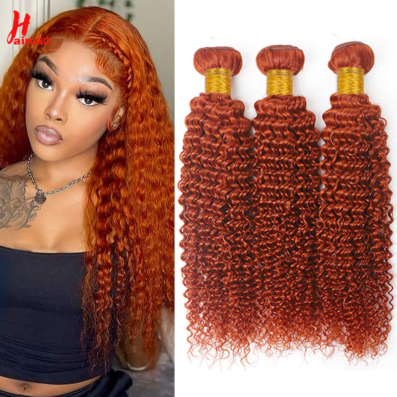 Mechones de pelo rizado, extensiones de cabello humano, color naranja jengibre, Remy brasileño