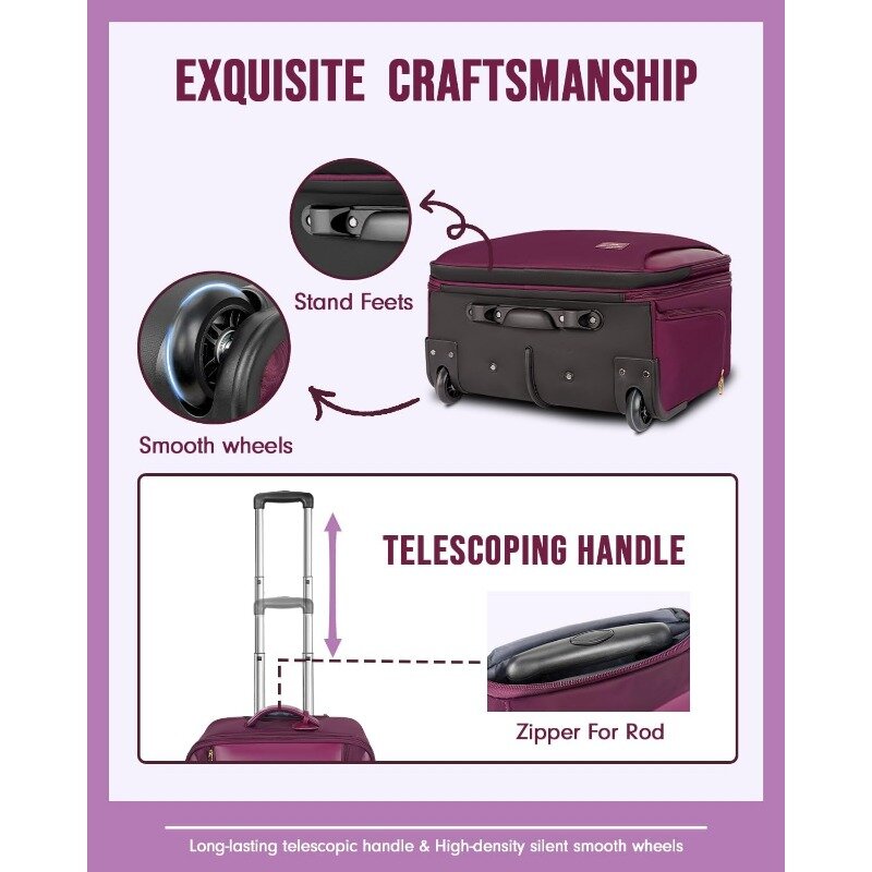 Grande sacoche pour ordinateur portable 17 "avec roulettes et 3 cubes d'emballage, valise à roulettes pour le travail universitaire de nuit, violet