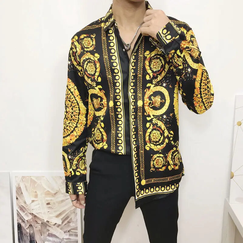 Newest Autumn Shirts For Men 3D Baroque Long Sleeve Luxury Social Shirt V-neck Oversized Tops Tees Shirt Homme Autumn Clothin