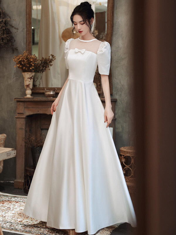 Hot Selling Simple Light Wedding Dress 2024 New Style Mid-Sleeve Bridal Retro White Skirt For Female