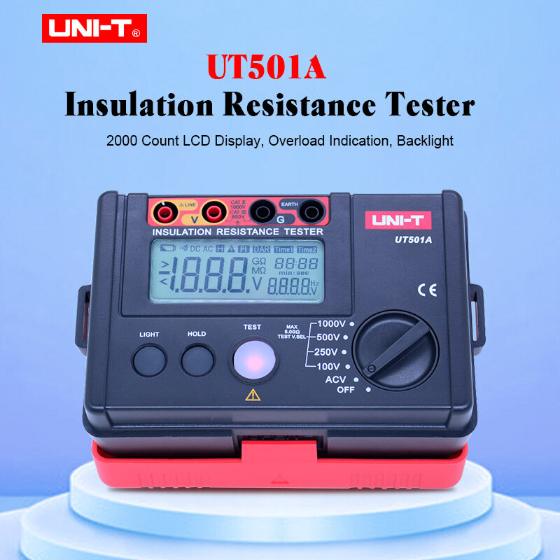 Medidor de resistencia de aislamiento de UNI-T UT501A Megger, medidor de voltaje de resistencia de tierra, Megohmmeter, voltímetro