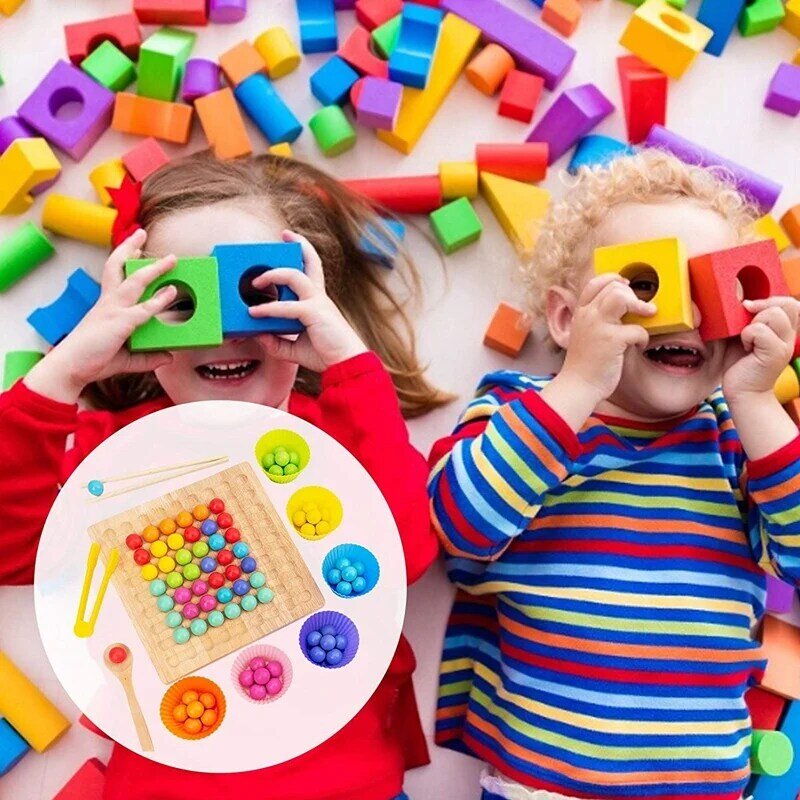 Juego de mesa de bolas de arcoíris para niños de más de 3 años, cuentas de Clip de madera, juego de rompecabezas