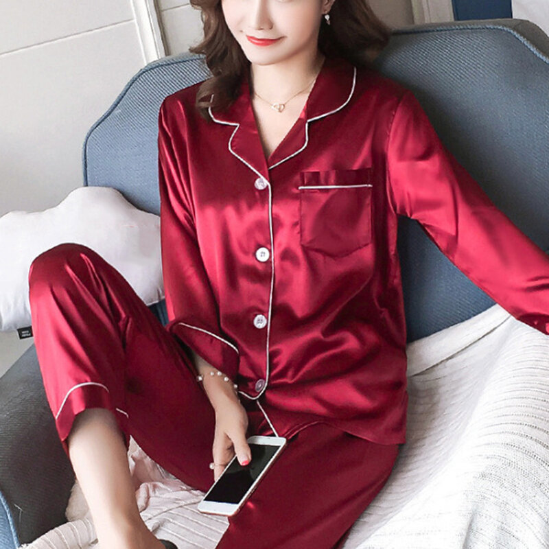 Conjunto de pijama de cetim manga longa feminino, top e calça de lapela, pijama sólido confortável, loungewear, nova chegada, transporte da gota, 2024