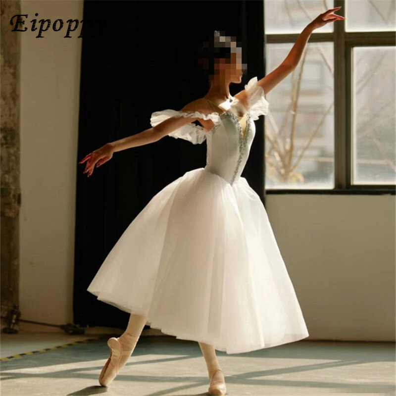 大人のための白いバレエドレス、ゲージの快適なダンスドレス、競技のための妖精の衣装、プロのチュールスカート