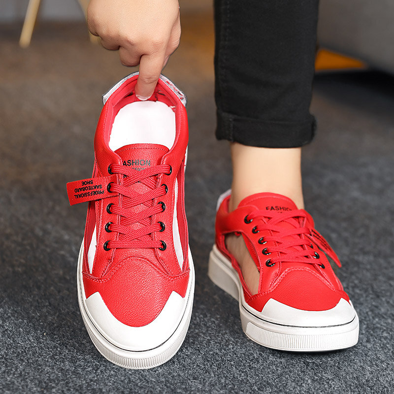 Chaussures d'été rouges pour hommes, respirantes, plates et basses, à lacets, en cuir, décontractées, nouvelle mode