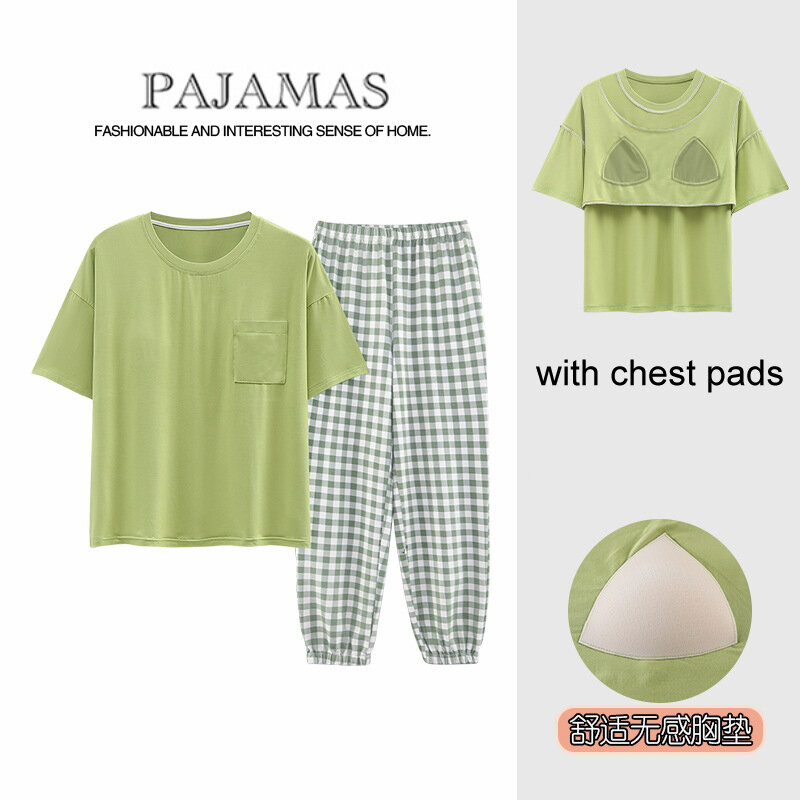 Pajama Woman Summer 2023 New Short Sleeve Long Pants Modal with chest pads casual loungewear thin can be worn outside