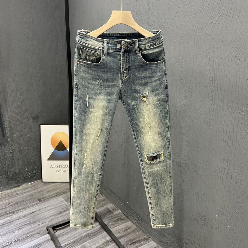 Fashion 2024 New Arrival Korean Men's Vintage Blue Casual Slim Denim Pants for Spring Autumn Skinny Ripped Jeans Men Clothing