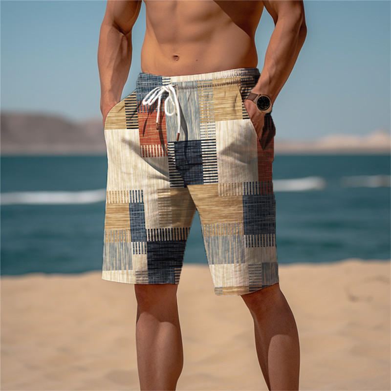 Calção de suor de praia Terry masculino, cordão, elástico na cintura, impressão gráfica 3D, listra xadrez, respirável, curto macio, diário