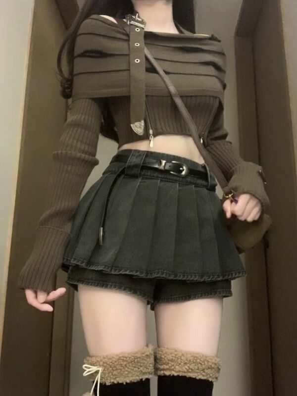 Conjunto sexy de suéter e calças de malha feminino, saias coreanas doces de rua, saia feminina sem saia, nova, Y2K, 2 peças, 2024