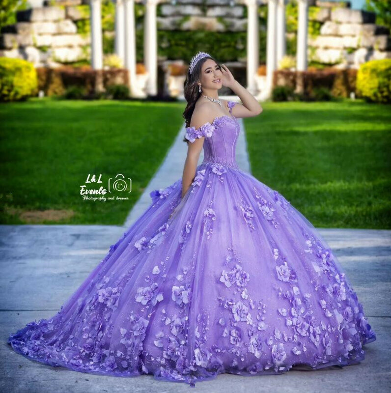 Vestidos princesa Quinceanera, Baile com renda, Roxa lavanda, Applique Floral 3D, Fora do ombro, Desosse, 15