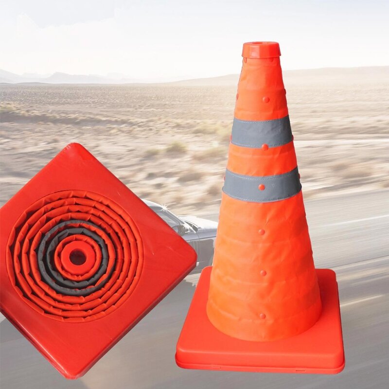 علامة تحذير للسلامة على الطرق قابلة للطي مقاس 42 سم، شريط عاكس برتقالي مخروطي