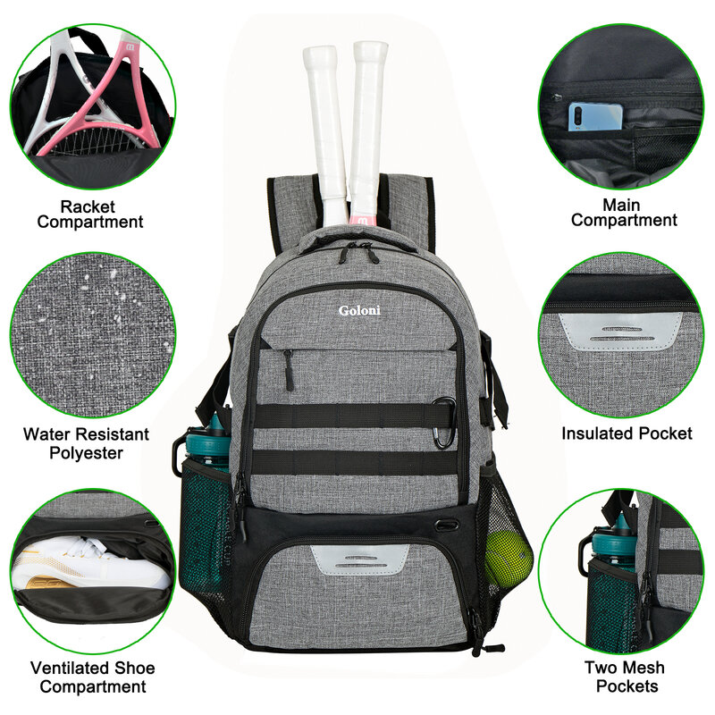 Tennis Backpack 2 Rackets with Ventilated Shoe Compartment Which Can Hold Shoes Up to Size 11-12