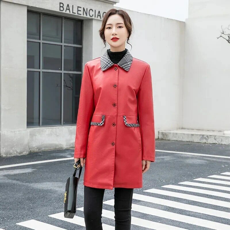 Jaket kulit Pu wanita, mantel kulit ramping versi Korea panjang sedang Musim Semi dan Gugur modis bergabung bersama