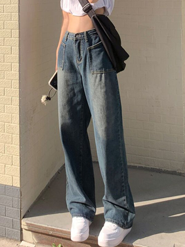 Jeans donna gamba larga allentata Vintage Casual sbiancato Streetwear All-match semplice stile coreano primavera pantaloni a vita alta classici