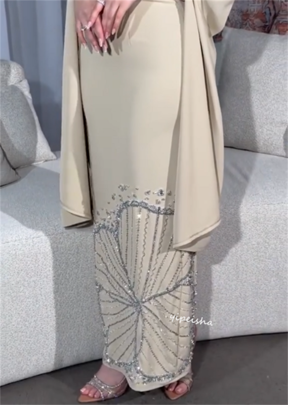 Jiayigong Jersey Arab Saudi manik-manik, gaun acara Midi es model bahu terbuka A-line wisuda