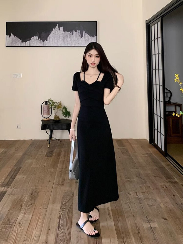 Dresses Women Fashion Summer Korean Style Chic Sexy Sweet Lovely Daily All-match Shinny V-neck Short Sleeve Streetwear Aesthetic