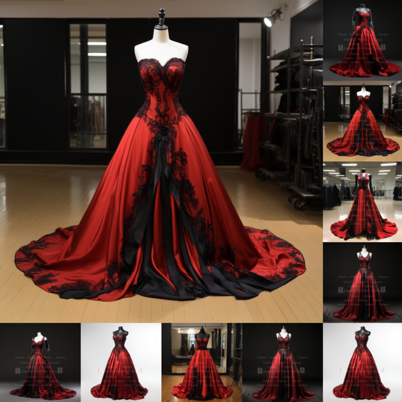 Красное Атласное и черное кружевное платье с аппликацией по краям, длинное вечернее платье со шнуровкой сзади на лето, женская одежда