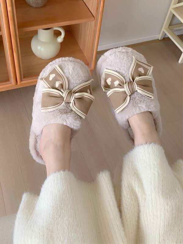 2023 New Bow Cotton Home Slippers For Women's Winter Warmth Plush Household Slipper Female Soft Flip Flops
