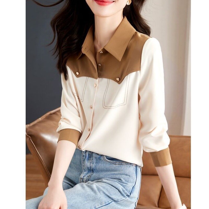 Women's Long Sleeve Chiffon Blouses 2024 Spring and Autumn New Korean Commute Contrast Color Patchwork Lapel Button Casual Shirt