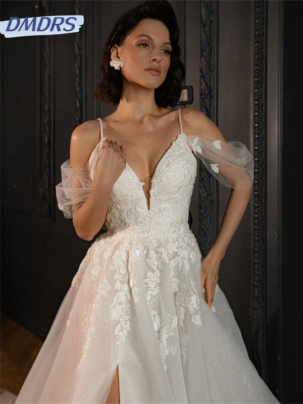 Elegante vestido de noiva fora do ombro, vestido de casamento clássico, linha A, até o chão, renda encantadora, 2024