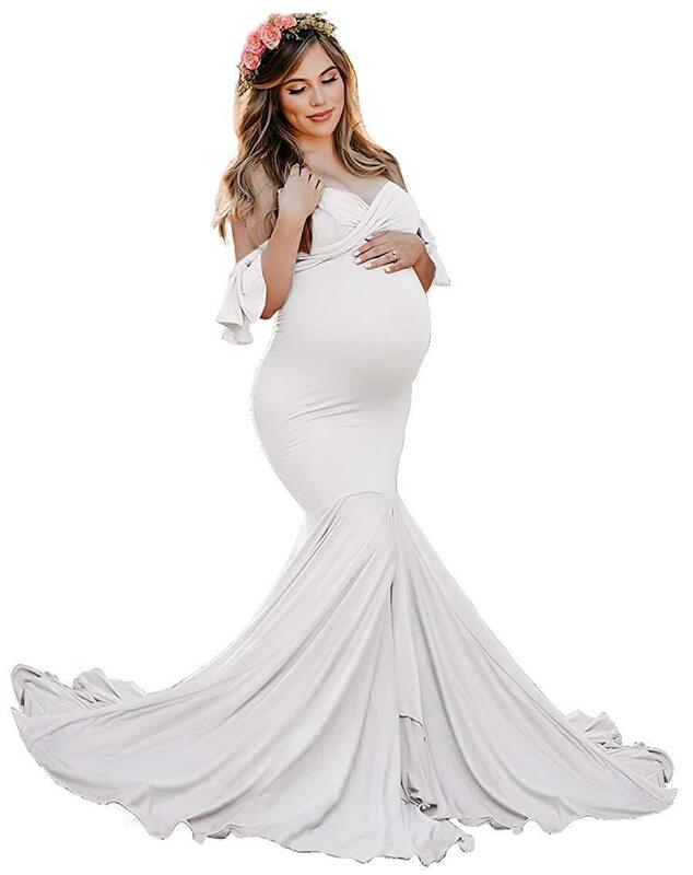 Vestido longo gravidez com plissado para mulheres grávidas, gravidez foto prop, bonito vestido de maternidade para festa do chuveiro do bebê, à noite