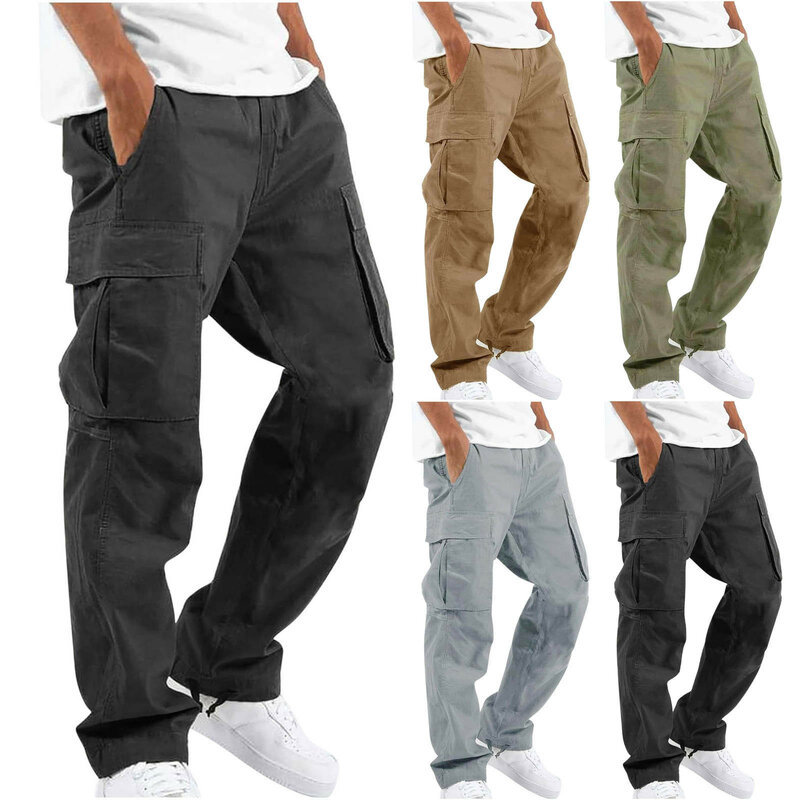 Overall katun pria, celana olahraga lurus longgar Amerika serut multi-saku, celana kasual musim panas