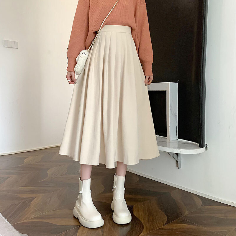 Lucyever Vintage braun hohe Taille Falten rock Frauen koreanische Mode College-Stil langen Rock Damen Herbst lässig eine Linie Röcke