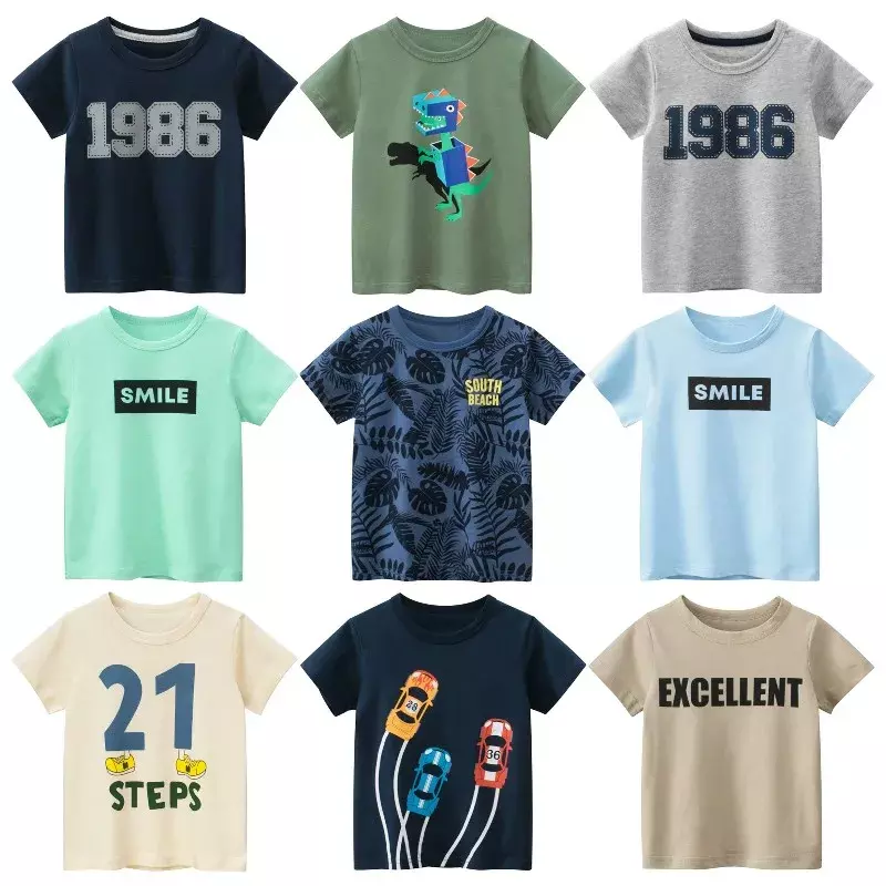 Baju Anak laki-laki Musim Panas 2024 baju anak-anak motif huruf daun kaus anak laki-laki lengan pendek atasan katun kaus Dropshipping