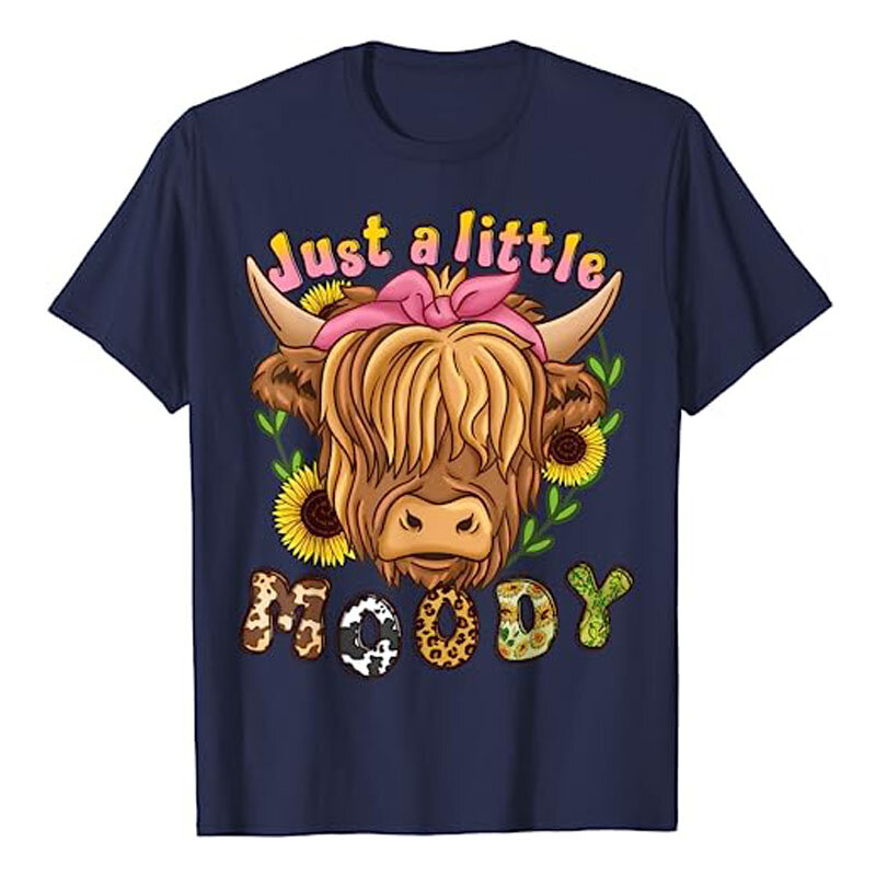 Camiseta escocesa feminina de vaca das montanhas, adorador de animais fofo, estampa floral, camiseta gráfica, blusas de manga curta, na moda
