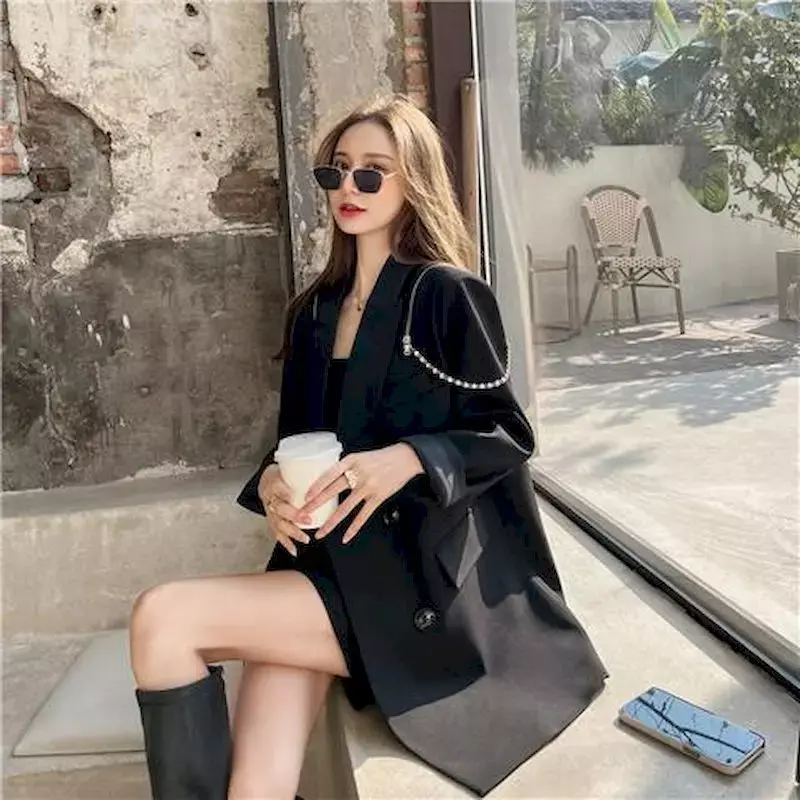 Lnsozkdg New Blazers Woman Coats Long Sleeve Jacket Black Suit Korean Fashion Office Lady Luxurious Designer Woman Clothing Tops
