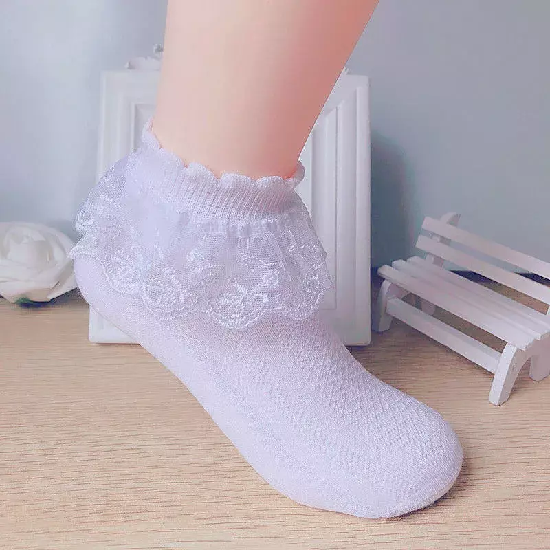 Весенне-летние дышащие хлопковые кружевные милые тонкие сетчатые носки принцессы с оборками Детские короткие однотонные белые носки для маленьких девочек