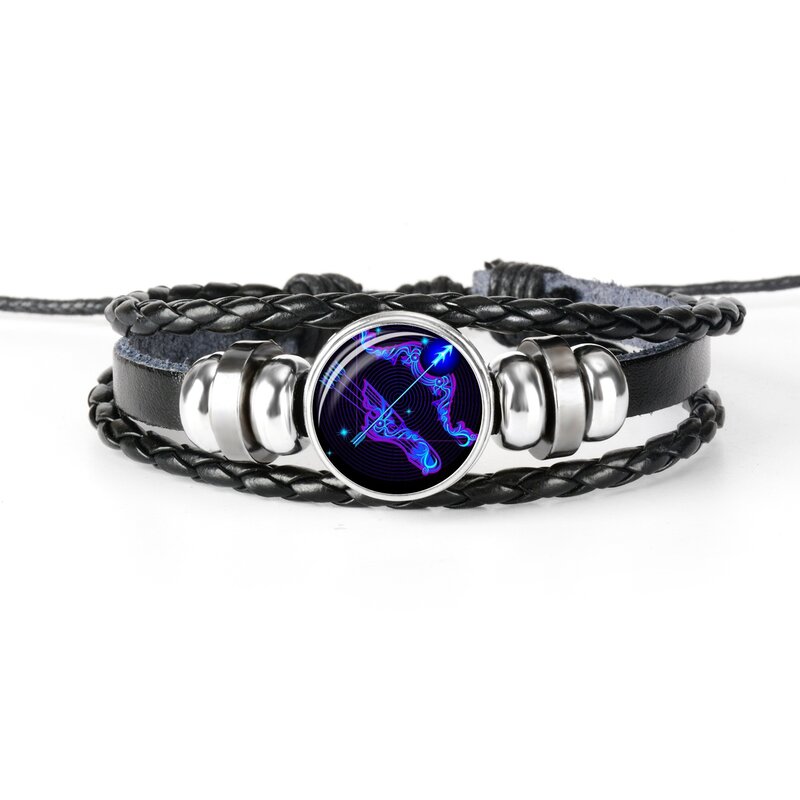 12 Constellation Zodiak Teken Zwart Gevlochten Lederen Armband Kreeft Leeuw Maagd Weegschaal Geweven Glas Dome Sieraden Punk Mannen Armband
