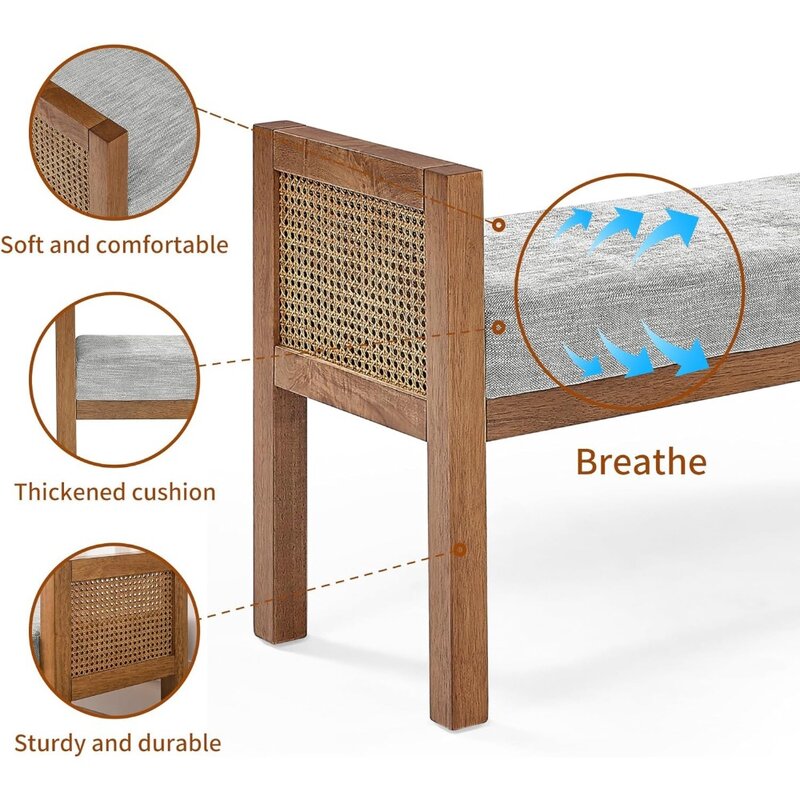 Banco tapizado de lino con patas de madera maciza para niños, silla de ratán, taburete de malla tejida, muebles para dormitorio