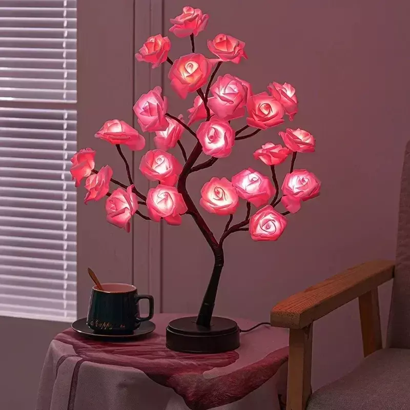 USB LED Rose Flower Tree Lights, Table Lamp, Fairy Night Lamp, Home Party, Natal, Casamento, Decoração do Quarto, Novidade Gift, 24 LEDs