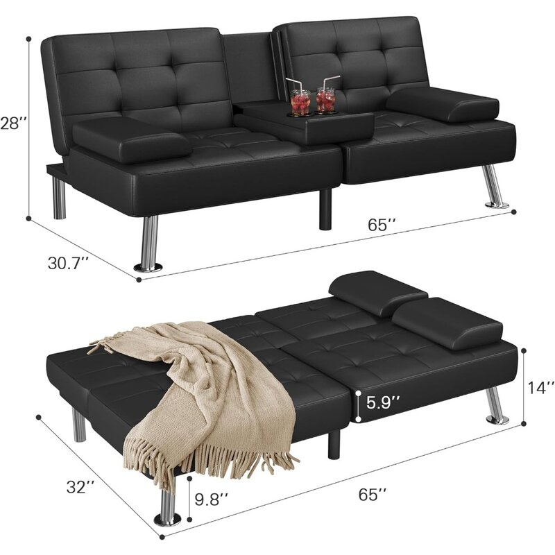 거실용 금속 다리 안락 의자 소파, 블랙 소파 세트 가구, 2 컵 홀더, 접이식 소파 침대, 가정용 편안한 침대