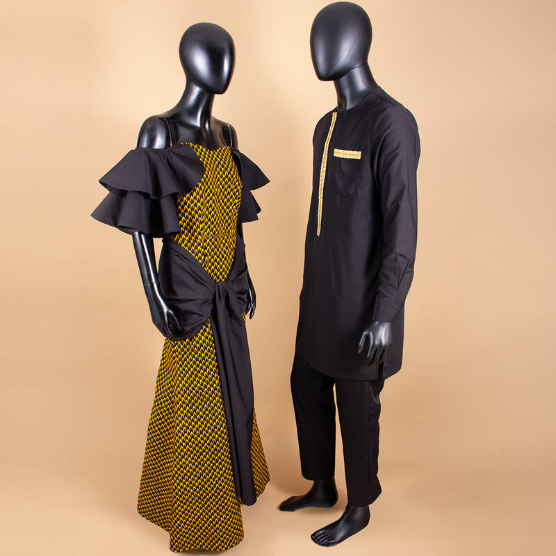 Afrykańskie ubrania dla pary Dashiki afrykańskie kobiety drukuj długie sukienki dopasuj męskie stroje Bazin Top zestawy koszulek oraz spodni Y22C036