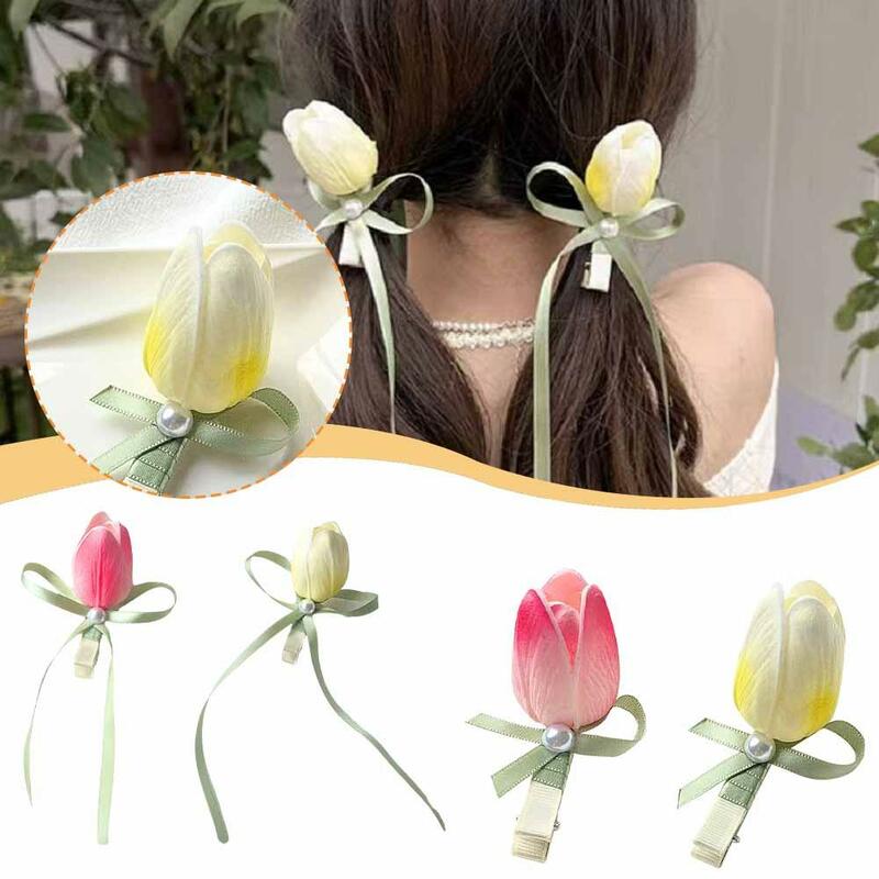 Barrettes de tulipes roses et blanches pour femmes, épingles à cheveux romantiques, accessoires de coiffure, nœud de canard, fleur, doux, M9N8