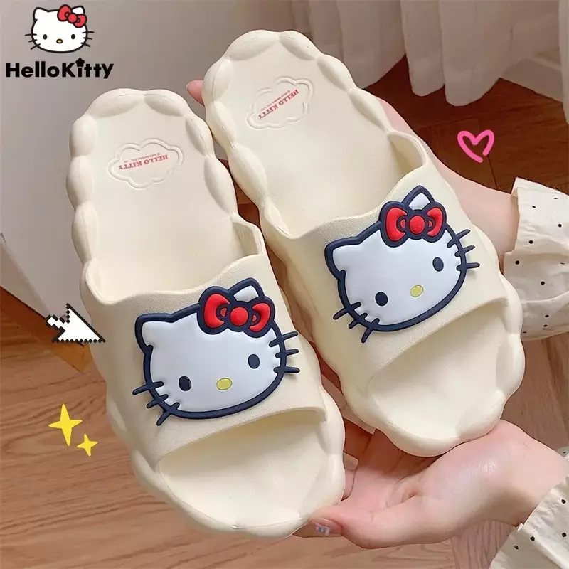 Sanrio Hello Kitty Kuromi รองเท้าแตะกันลื่นน่ารักอนิเมะเมฆส้นรองเท้าที่บ้านสำหรับผู้หญิงรองเท้าแตะชายหาดทันสมัยเกาหลีรองเท้า Yk2