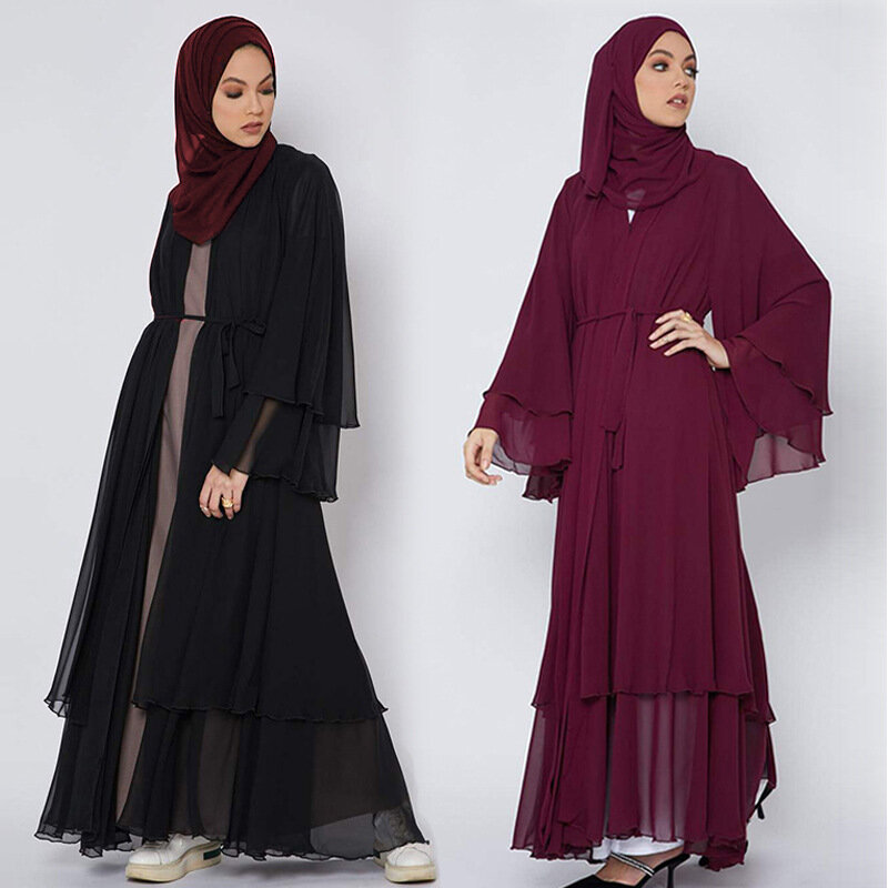 Wepbel-아랍 오픈 아바야 여성 쉬폰 드레스, 두바이 로브 가디건, 대형 스윙 드레스, 이슬람 의류, 히잡 스카프 Caftan 가운